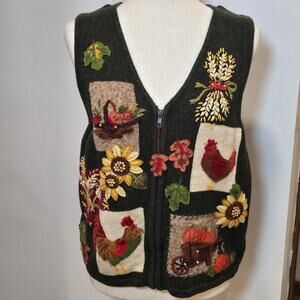 Womens Holiday Cardigan Vtg Sweater Vest Zip Green Orange Pumpkin Rooster Fall M